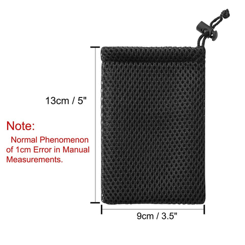 Black nylon mesh drawstring bag, 5 x 3.5 inch, with measurement details, for storing mini items like MP3 chargers and cosmetics.