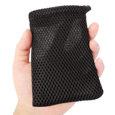 Hand holding a black nylon mesh drawstring bag, 5 x 3.5 inch small storage pouch for mini stuff MP3 charger earphone key, travel kit organizer.