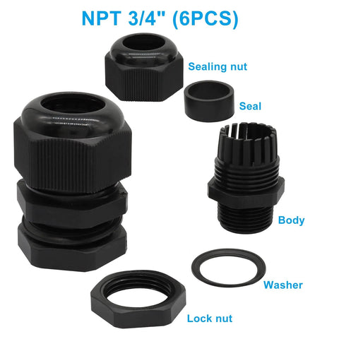 Three Quarter Inch NPT Cable Gland Kit Waterproof Black Nylon Adjustable Strain Relief Cord Grips For Junction Box Panels With Gaskets And Lock Nuts, Durable Wire Protection, Easy Install, Six Piece Set illustrated with components labeled sealing nut, seal, body, washer, and lock nut.