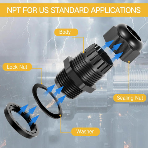 Exploded view of 200 Pack Half Inch NPT Black Nylon Cable Glands IP68 Waterproof Adjustable Locknut For Cable Diameters