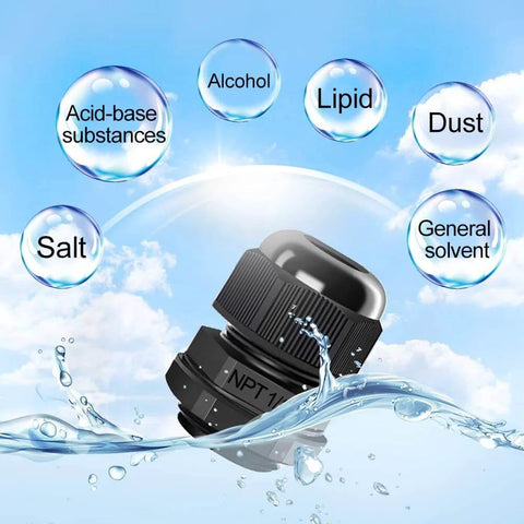 12 Pack Half Inch NPT Cable Glands Nylon PA66 IP68 Waterproof Adjustable Strain Relief Cord Grips Junction Box Wire Gland Connectors With Gaskets And Locknuts Black depicted amidst water with chemical resistance labels.