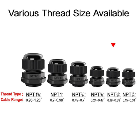 Various sizes of waterproof black nylon cable glands with NPT threads for 5 Pack NPT Three Eighths Inch Cable Glands Waterproof Adjustable Easy To Install For Cables From Five To Ten Millimeters Black Nylon Joints With Gaskets.
