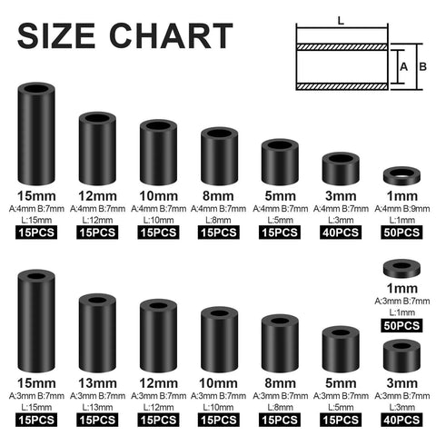 Size chart of 345 Pcs Black Nylon Electrical Outlet Spacers Kit Non Threaded Round Plastic Spacers For Switch And Receptacle Screws