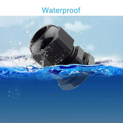Black Pro Grade Nylon PG9 Cable Glands Kit, shown waterproof in blue water, adjustable for 4-8mm wires, for outdoor projects.