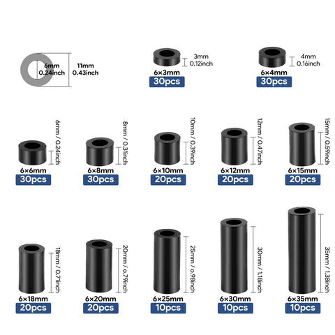 Diagram of 250 Pcs Black Nylon Round Spacer Assortment Kit With 12 Lengths 3mm To 35mm For M6 Screws ID 6mm OD 11mm Non Threaded Plastic Spacers