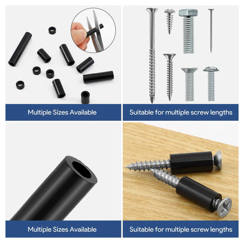 250 Pcs Black Nylon Round Spacer Assortment Kit With 12 Lengths 3mm To 35mm For M6 Screws ID 6mm OD 11mm Non Threaded Plastic Spacers KWOKWEI Outlet Screw Spacers For Electronics And Electrical Projects displayed with various screws and close-up views of spacers.