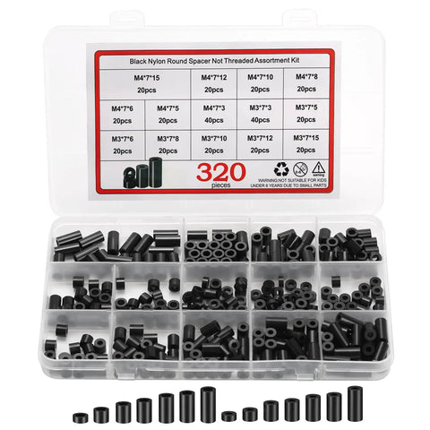 320 Pieces Black Nylon Electrical Outlet Spacer Kit with assorted round non threaded spacers in labeled box for projects