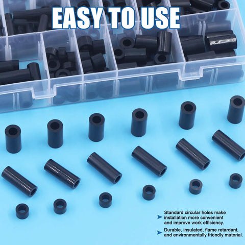 Assorted Nylon Round Spacers Kit For M3 M4 M5 M6 Screws With 270 Pieces And Clear Storage Case displayed on a blue surface.