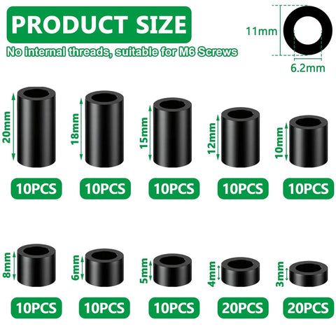120 Pieces Black Nylon Spacers Kit Non Threaded Round Plastic Spacers Inner Diameter 6.2mm Outer Diameter 11mm Lengths 3mm-20mm