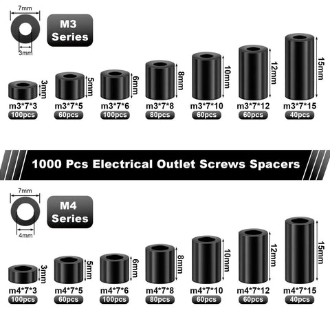 1000 Pcs Black Nylon Round Spacers For M3 And M4 Screws For Electrical Outlet Kit, 14 Size Set, durable spacers for home repairs.