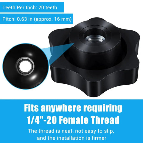 Close-up of 30 Pcs 1/4-20 Star Knob with hexagon head and through hole, black nylon material, ideal for T track bolts and machine tools.