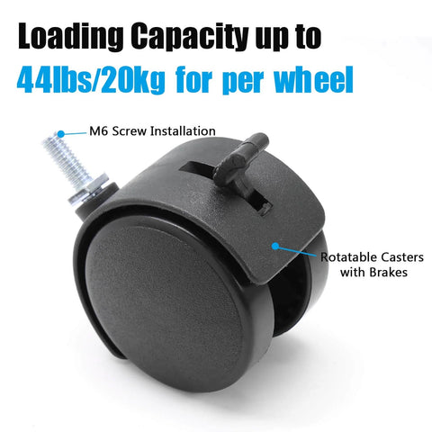 4pcs 2 Inch Swivel Caster Wheels with M6 Threaded Stem and Brake Heavy Duty Black Nylon Replacement Casters with brake close-up.