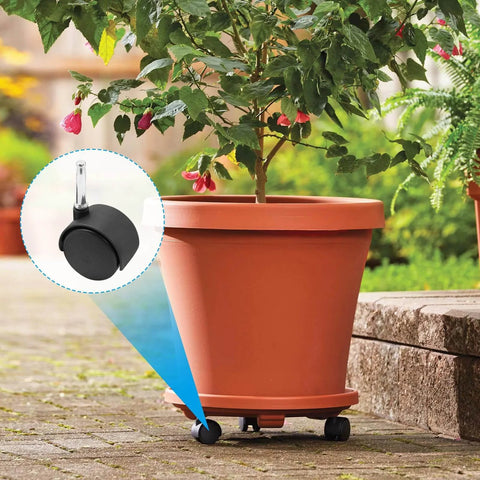 Clay pot on caster platform with inset of 4pcs 2 Inch Swivel Caster Wheels with M8 Grip Neck Stem Heavy Duty Black Nylon Replacement Casters.