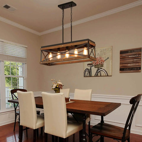 Five Light Rectangular Farmhouse Pendant Chandelier Black With Oak Wood And Metal 65 Inch Adjustable Chain in dining room.
