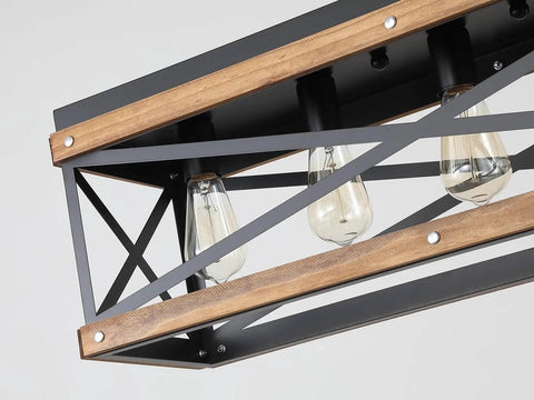 Close-up of Five Light Rectangular Farmhouse Pendant Chandelier Black With Oak Wood And Metal 65 Inch Adjustable Chain