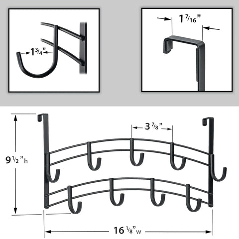 Over-the-door metal hook rack with 6 hooks, dimensions labeled, shows side and top view in black.