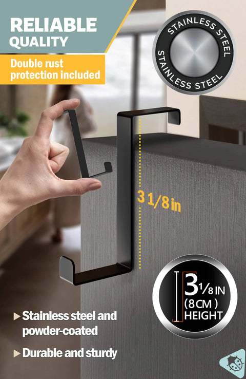Over the Door Hooks 10 Pack Two Sided Fit 1 3/8 and 1 3/4 Doors with anti scratch pads in use on door edge showing 3/8 size.