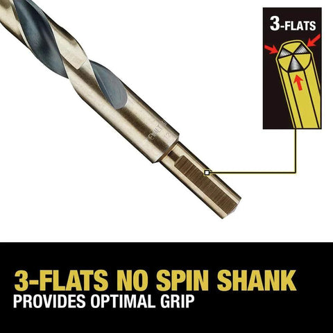 Close-up of 21-Piece Black Oxide Drill Bit Set With 135 Degree Split Point And 31 Degree Helix Model DWA1181 showing 3-flats no spin shank.