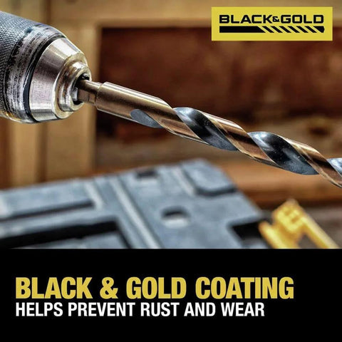 Close-up of 21-Piece Black Oxide Drill Bit with black and gold coating held by drill, highlighting rust prevention.