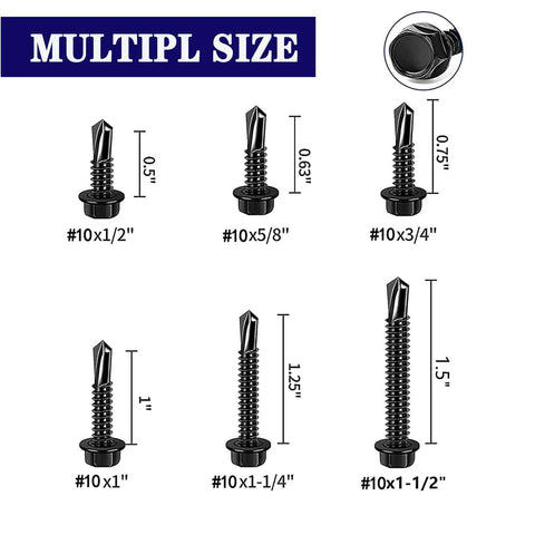 100pcs 410 Stainless Steel #10x1 Hex Washer Head Self Drilling Screws, Black Oxide Self Tapping Tek Screws multiple sizes chart