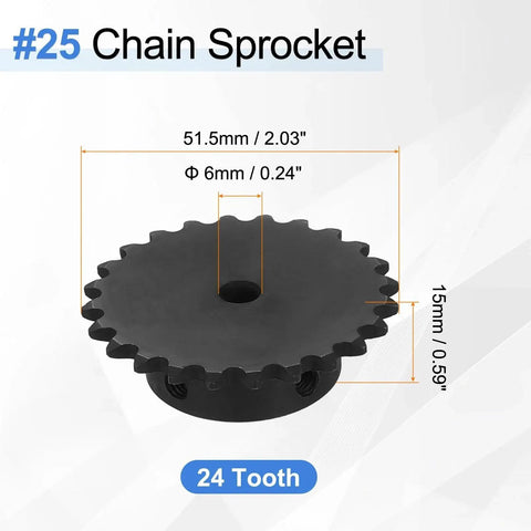 Size 25 Roller Chain Sprocket For ISO 04C Chain 24 Tooth Six Millimeter Bore C45 Carbon Steel With Black Oxide Finish