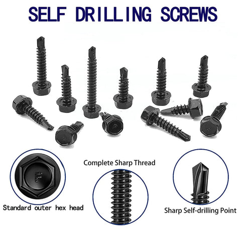 100pcs 410 Stainless Steel #10x1/2 Hex Washer Head Self Drilling Screws, Black Oxide Coated, ideal for metal and steel framing