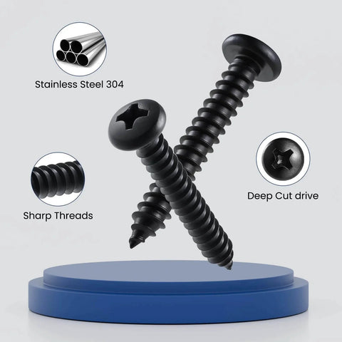 247 Piece Pan Head Wood Screws Set Black Oxide Stainless Steel 304 Self Tapping Phillips Drive close-up on blue stand