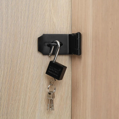 4 Inch 90 Degree Stainless Steel Padlock Hasps With Padlock And Keys Set installed on a wooden cabinet door