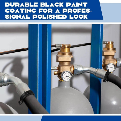 Pressure tanks with hose connections and gauges in industrial setting with durable black paint coating.