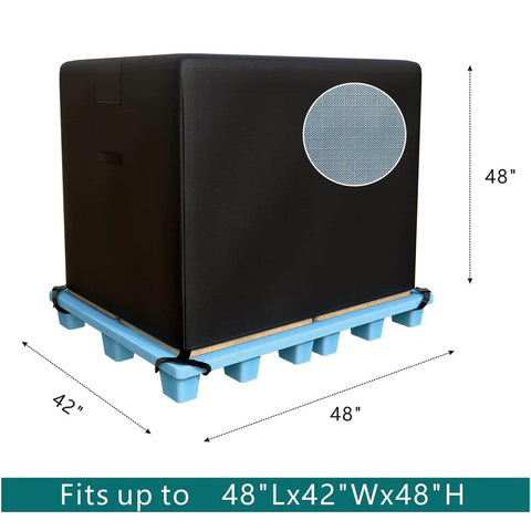 Heavy Duty Water Resistant Pallet Cover With 420D Oxford PU Coated Fabric on pallet, dimensions 48Lx42Wx48H inches