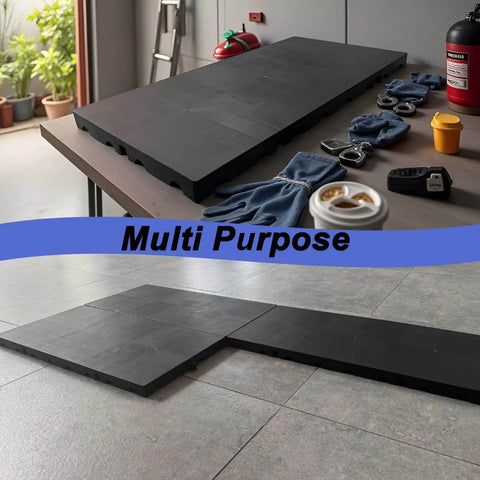 Six Piece Black Plastic Pallet Set With Interlocking Design For Easy Stacking Moisture Proof And Waterproof Floor Pads shown indoors