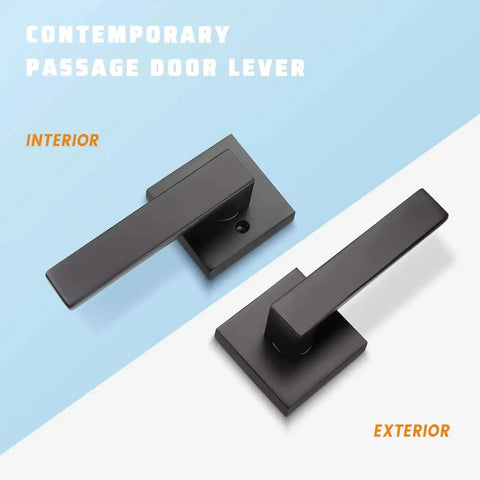 6 Pack Black Interior Door Handles For Left Or Right Handed Passage Function, Heavy Duty Matte Black Closet Door Handle Set, interior and exterior view.