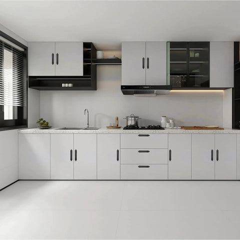 Modern kitchen with 40 Pack Peel and Stick Cabinet Handles ABS Plastic Self Adhesive Drawer Pulls for Kitchen Cabinets, shown installed on white cabinets.