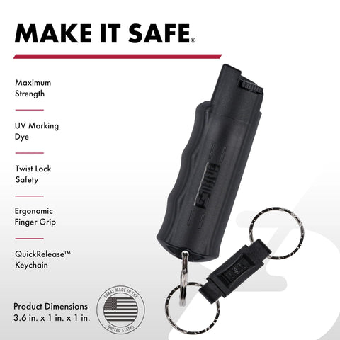 Compact police-strength pepper spray with quick release keychain, showing ergonomic finger grip, 3.6-inch size, and UV dye.