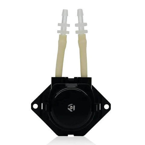 Front view of black NKP small peristaltic pump 12V DC long service life liquid dosing pump for aquarium DIY lab analytical 2mm ID x 4mm OD with BPT tube