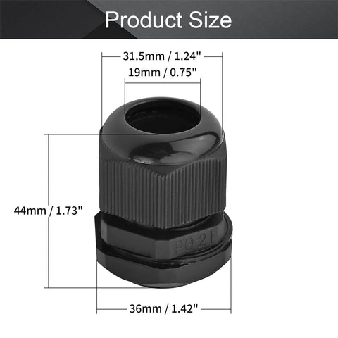 Five Pack Waterproof Plastic PG21 Cable Glands And Joints, Adjustable Connector Set in Black showing dimensions for 16-21mm cables