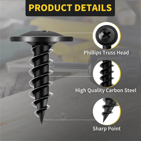 Close-up of FIXLINK Black Phillips Truss Head Wood Screw #8 by 1/2 inch, showing features and carbon steel build for furniture use.
