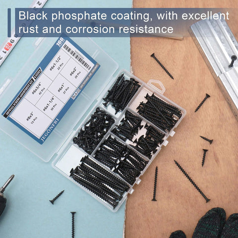 High Hardness Drywall Screws Assortment Kit 166 Pieces Coarse Thread Phillips Drive Black Wood Screws Set displayed in box