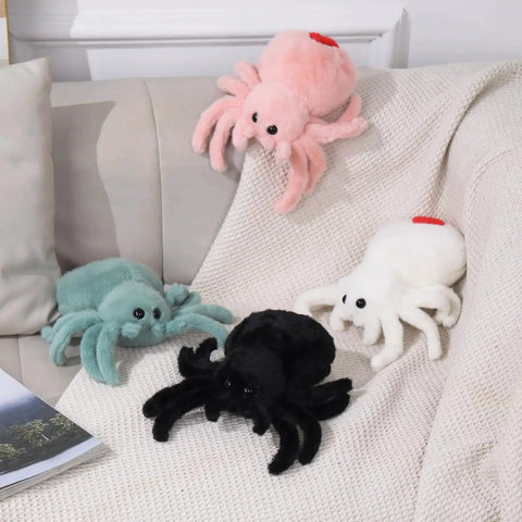 Ultra Soft Black Spider Plush Toy on couch with other colorful plush spider toys, 9.8 inch, cozy indoor decor for Halloween.
