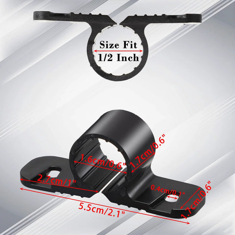 OwnMy 1/2 in pipe clamp, black plastic suspension for PEX, copper and CPVC pipes (front view).
