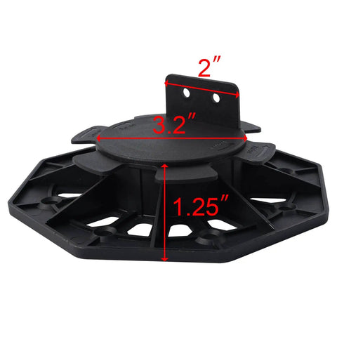 Side view of black adjustable plastic pedestal paver support with measurements visible, part of 24 Pack Adjustable Plastic Pedestal Paver Supports For Decking And Floor Elevation With Unilateral Keel Slot Easy Screw Fix For Stable Slab Lifts And Slate Floor Raising System For Indoor And Outdoor Use.