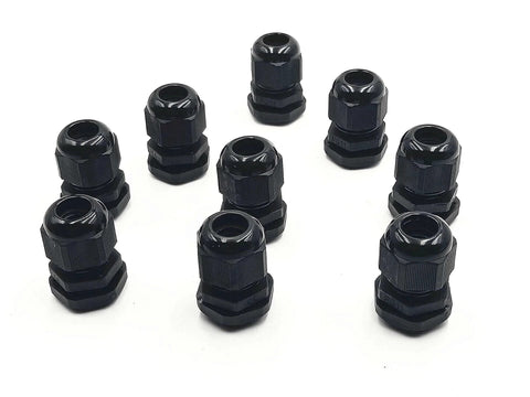 Front view of 20 Pack Black Plastic Waterproof Cable Glands M20 x 1.5 IP67 Rated For 6-11mm Cables on white background.