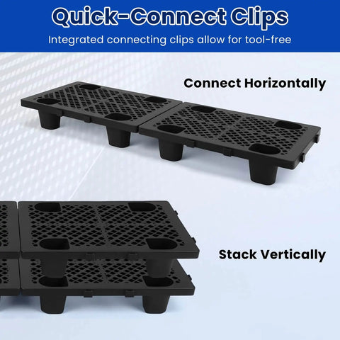 8 Pack Raised Plastic Pallets With Breathable Grid For Basement Storage Kitchen And Supermarket Use Interlocking Nestable Lightweight Moisture Resistant Floor Pallets 19.6 X 11.8 X 4.9 Inch Black showing horizontal and vertical stacking.