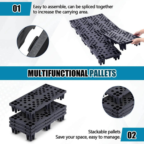 Four Pack Plastic Pallets For Basement Storage, Lightweight Waterproof Floor Pallets With Nestable Interlocking Design And Breathable Grids, 23.6 X 11.8 X 3.9 Inches, HDPE Construction, Supports Up To 220 Lbs shown stacked and interlocked.