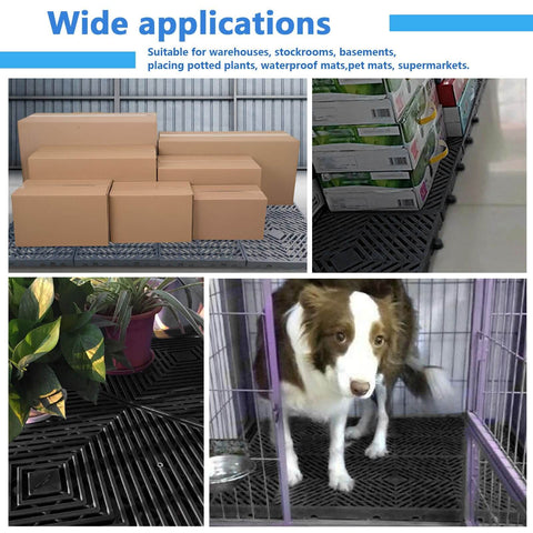 Six Pack Black Plastic Pallets For Basement Storage Lightweight HDPE Pallets With Breathable Grid For Waterproof Organization And Outdoor Pet Cushion Measures 15.7 By 15.7 By 1.18 Inches Each used for storage and pet area.