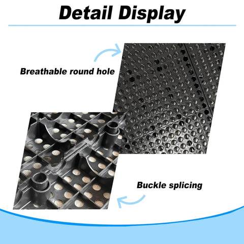 Close-up of Six Pack Black Plastic Pallets With Ventilation Grid, 11.8 By 23.6 By 1.18 Inches, showing breathable holes and buckle splicing