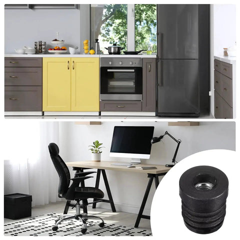 8 Pieces Round Tube Inserts With M6 Thread For 19mm Diameter Round Tubes 0.75 Inch Outer Diameter Black Plastic Plug Caster Insert Chair End Caps And Furniture Leg Plug For DIY Furniture Repair And Home Improvement shown next to furniture scene