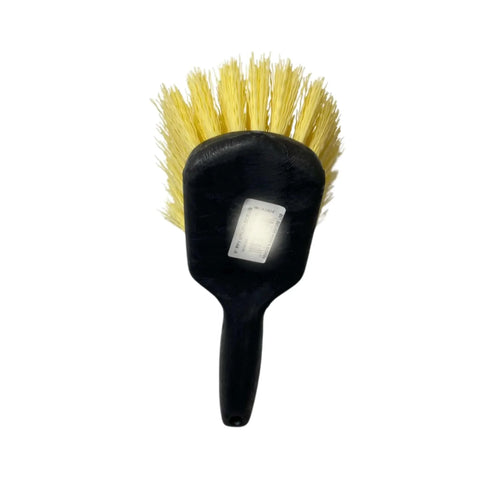 Top view of black Plastic Scrub Brush, Cleaning Brush, Utility Brush With Polypropylene Bristles For Cleaning, 8 Inches, yellow bristles.