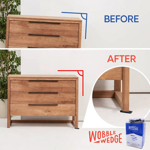 Comparison of a wooden dresser before and after using Rigid Plastic Shims For Leveling 300 Pack Made In USA Black Wobble Wedges.