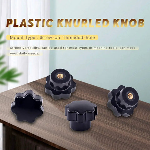 15 Piece M4 7 Star Knob Female Thread Nut Clamping Knob Grip Assortment Kit displayed on a table with mount type details